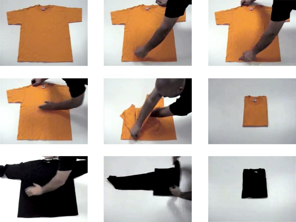 A series of 9 images which show a person folding an orange tshirt and a black tshirt.