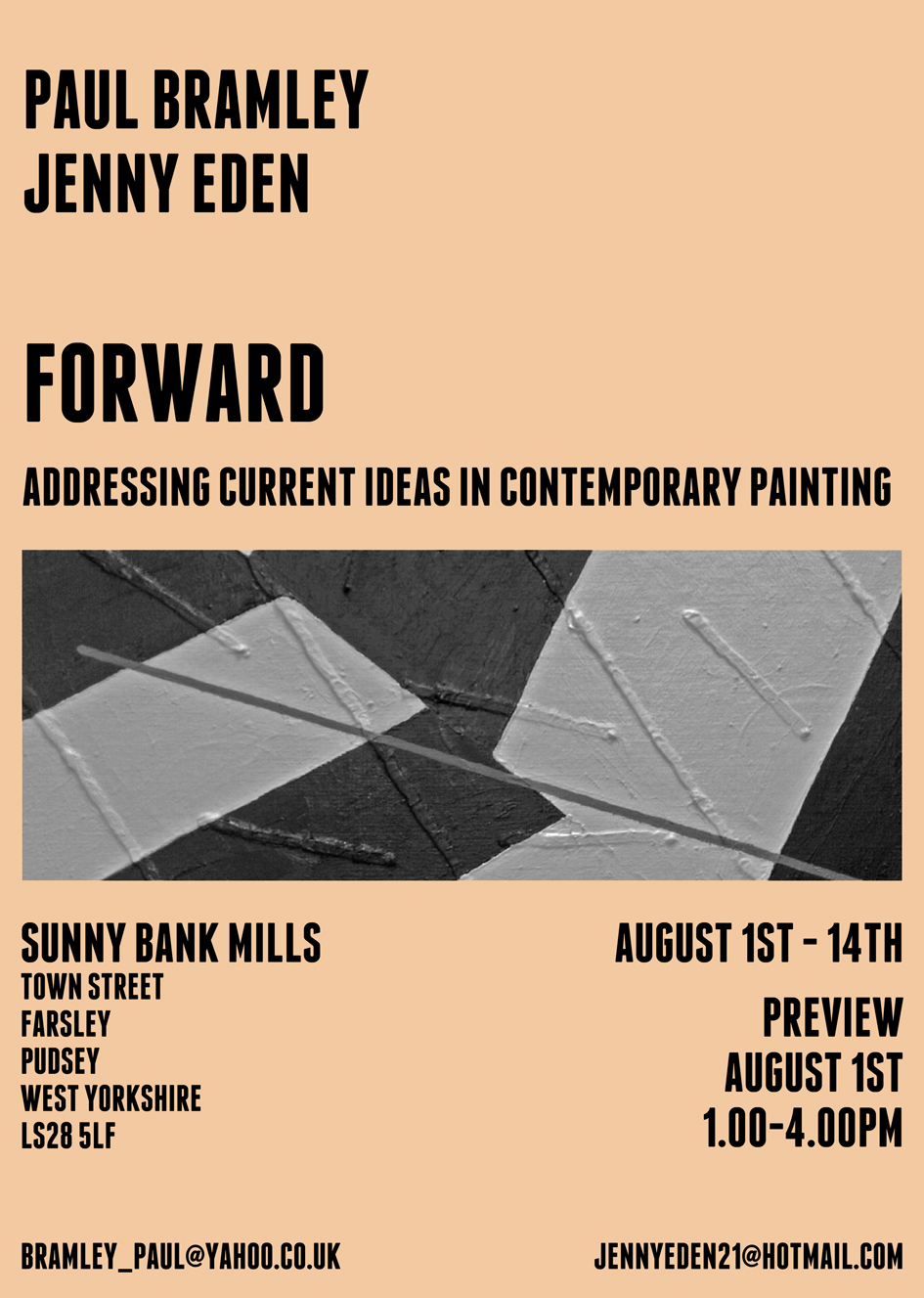 A poster or flyer for 'Forward' addresing ideas in contemporary painting. The poster is peach with black text.