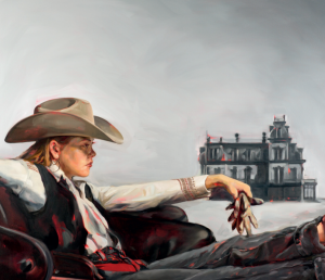 A painting of a woman as a cowboy. She wears the customary hat and boots, and holds a pair of gloves in her hands. The background is grey, with a house on the horizon.
