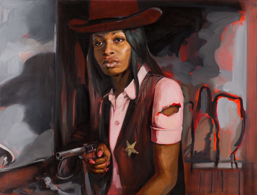 An oil on canvas painting of a black woman. She holds a pistol in her hand, pointed at someone or something off canvas. She wears the trappings of a sherrif, including a brown hat, waistcoat and gold star badge. Her pink shirt is torn and bloody.