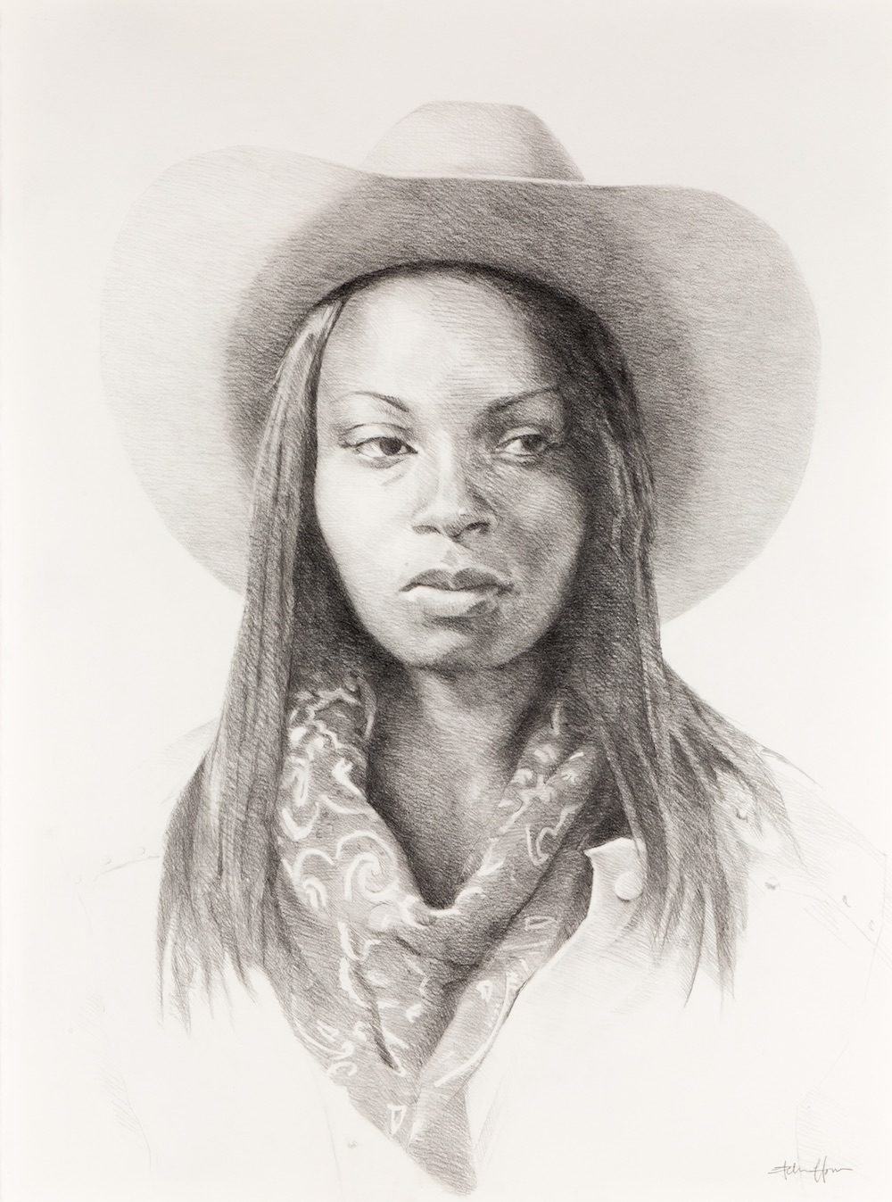 A detailed drawing of a woman as a cowboy, in typical hat and neckerchief.
