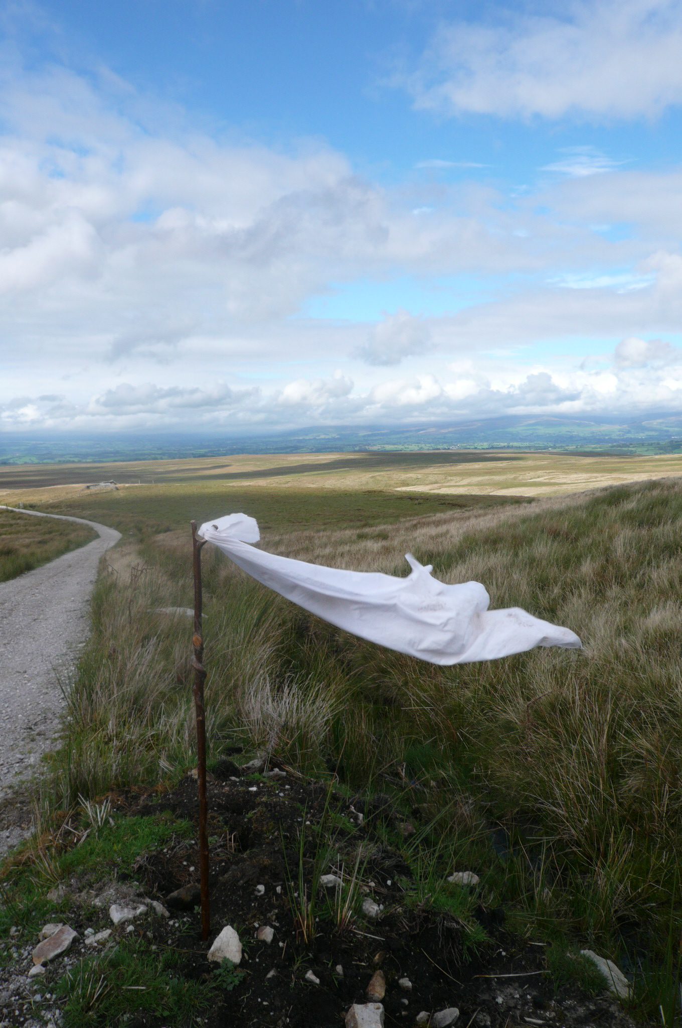 Photograph of a moorland landscape with blue clouded sky above. In the foreground a white sheet is caught on a wooden stick, and billows out across the foreground.