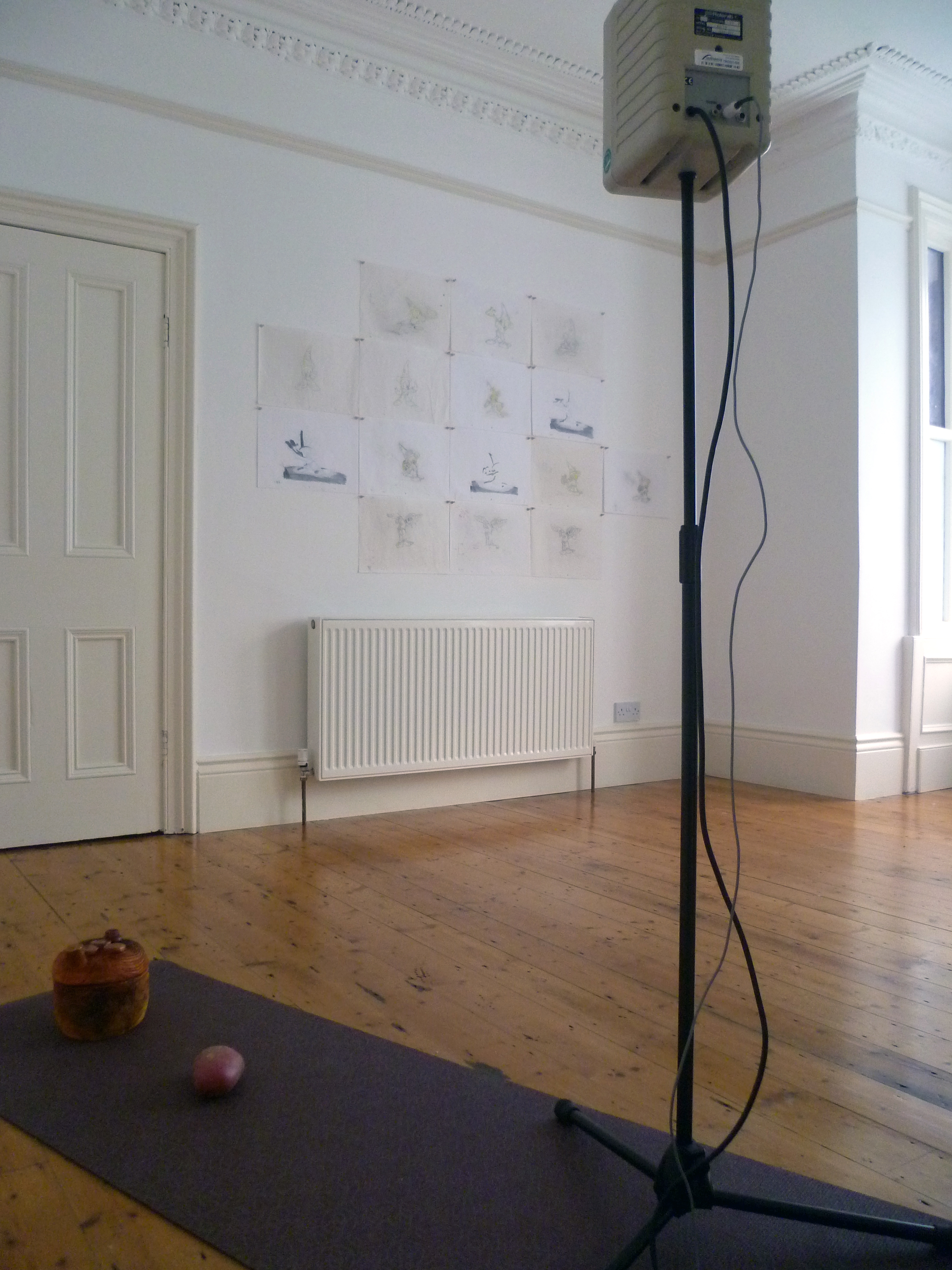 The front room of a terraced house, it has white walls and a polished wood floor. In the floreground, a yoga mat with a small ceramic head and a potato on it, a tall stand with a speaker just to the side. Behind, on the wall, above a white radiator a set of 15 a4 sized pencil drawings.