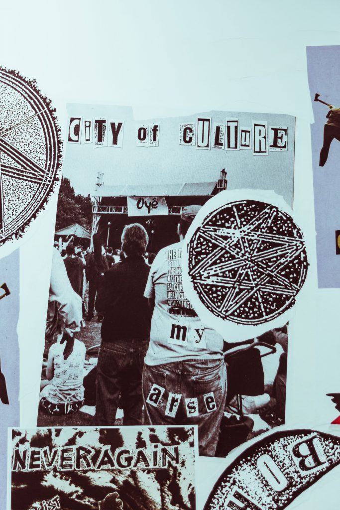 A black and white poster with the words 'city of culture my arse' collaged together.