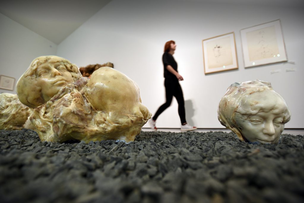 Two sculptures featuring faces embedded into amorphous and tumour-like structures rest on a ground of grey earth. In the background a person walks through the gallery past works mounted on the wall.