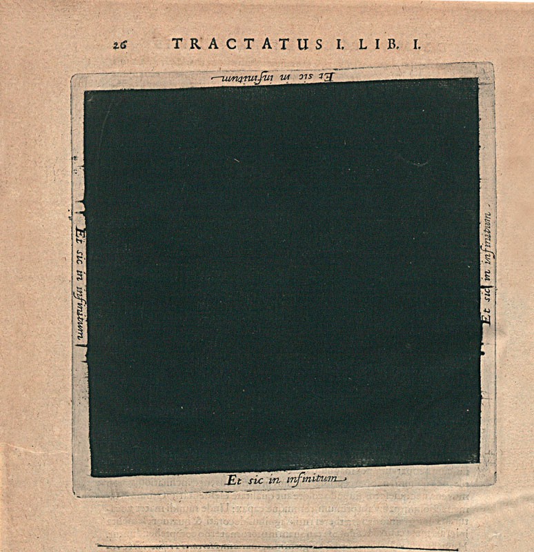 A page from an old book titled 'Tractatus I. Lib. I' at the top. Phrases in latin form a frame around an image, which has been entirely blacked out.