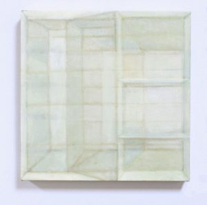 An abstract painting in white and cream, made up of individual rectangles and grids.