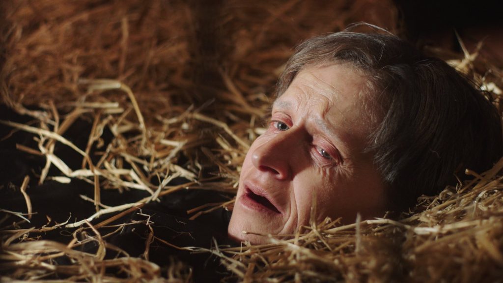 A still from a film showing a person's face among a pile of hay and grasses. Their expression is pained.