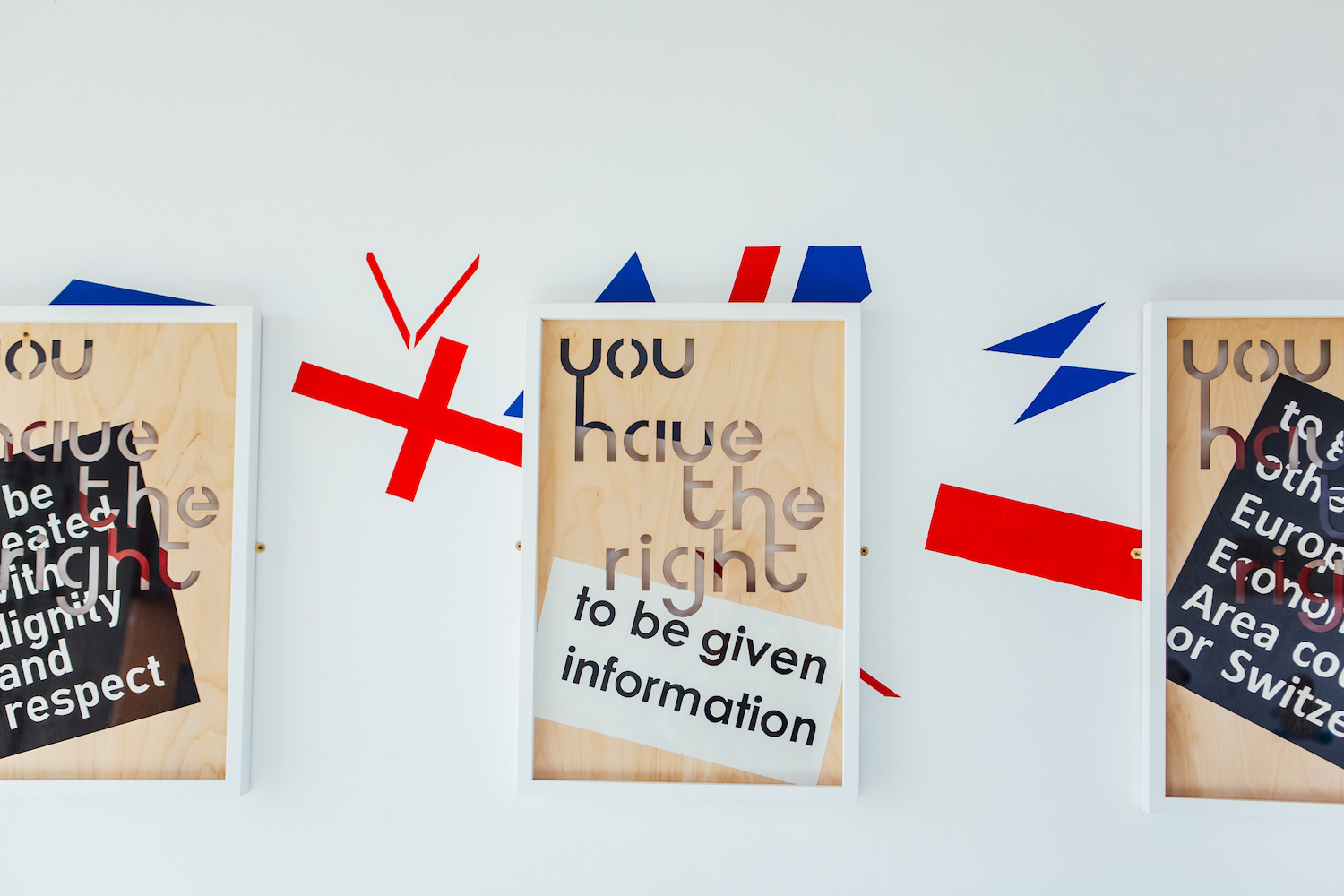 A series of collages using text and elements of the union jack flag. The central piece reads 'you have the right / to be given information.'