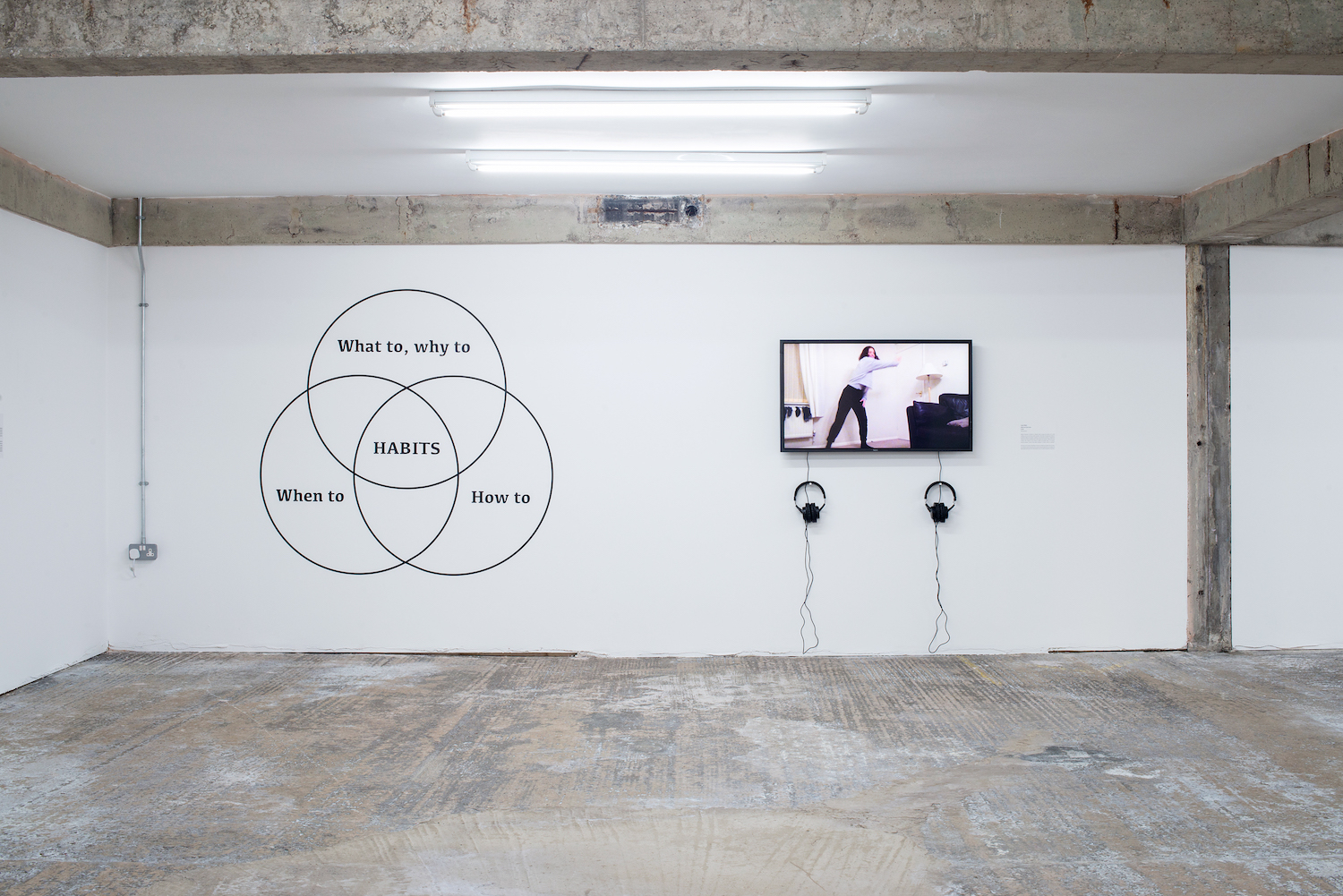 A gallery wall with two works. On the left, a chart showing the overlaps between 'what to, why to', 'how to' and 'when to', with 'HABITS' in the centre. On the right, a screen with two sets of headphones playing an artist's film.