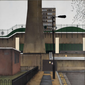 A painting of a housing estate, featuring buildings, railings and a tree.