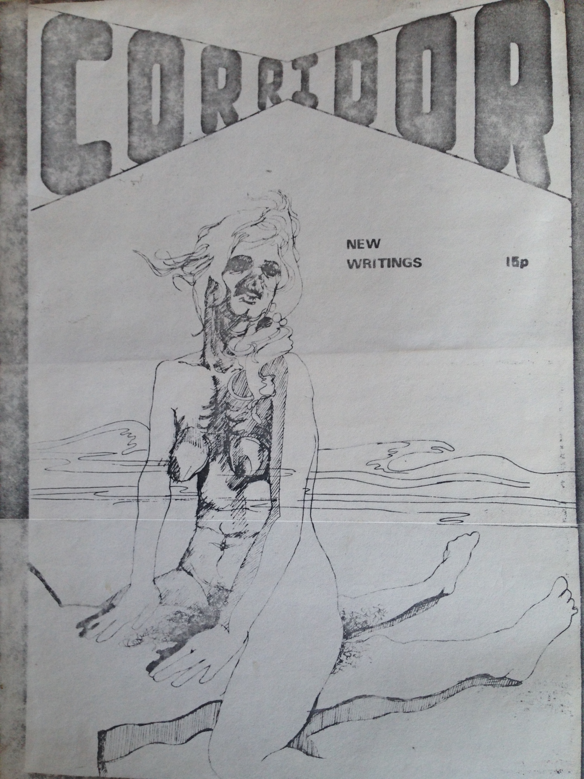 A cover of Corridor, featuring a drawing of two nude bodies, perhaps with waves behind them. The only text other than 'CORRIDOR' reads 'NEW WRITINGS, 15p'