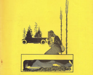 An illustration in black and grey on bright yellow. A person crouches in the foreground, next to a body lying in a box, perhaps a coffin. In the background are two burning poles, a cluster of trees and a vintage car.