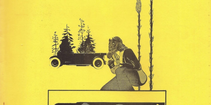 An illustration in black and grey on bright yellow. A person crouches in the foreground, next to a body lying in a box, perhaps a coffin. In the background are two burning poles, a cluster of trees and a vintage car.