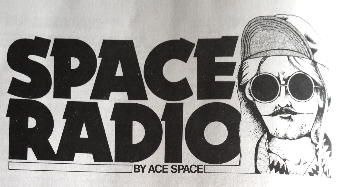 An illustration reading 'SPACE RADIO by ACE SPACE' with an illustration of a face wearing sunglasses.