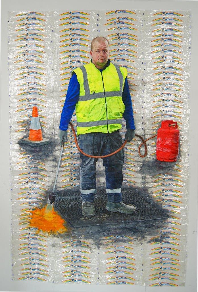 A photorealistic painting, in acrylic paint, on empty plastic ice pop wrappers. The painting depicts a construction worker in a high-vis vest and blue fleece. He holds a tool to produce flames from a gas canister. A warning cone rests behind him.
