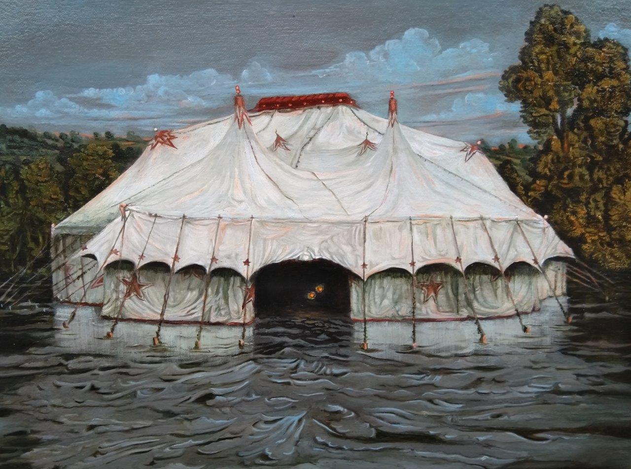 A painting of a tent or white marquee surrounded by water.