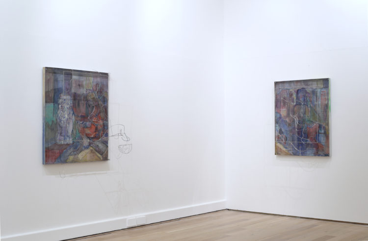 Two paintings, with sculptural elements, hung on the wall of the gallery. Painted onto aluminium, the works include delicate stainless steel elements that protrude from the work. They are mostly purple with shades of blue, red and yellow underneath.