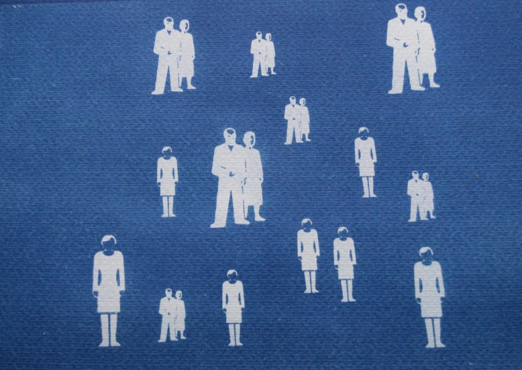 A blue cyanotype print with white silhouettes of figures- some stood in pairs and others individually.