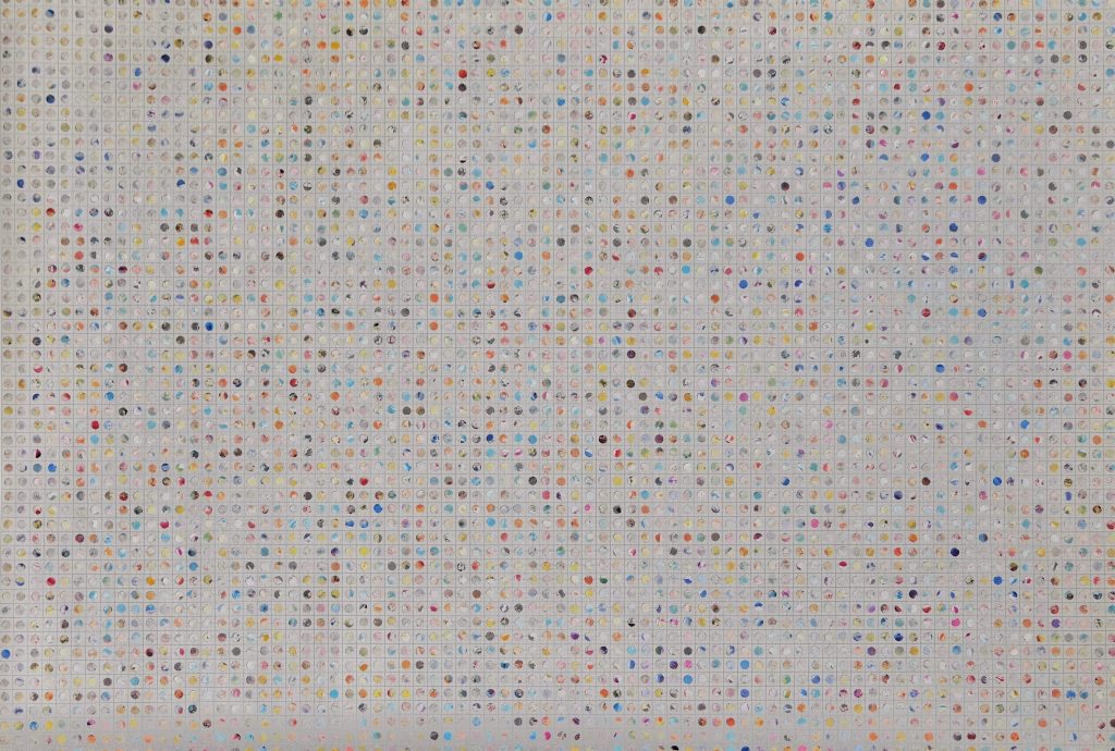 A large abstract collage made up of hundreds small coloured circles placed via a grid on an off-white background.