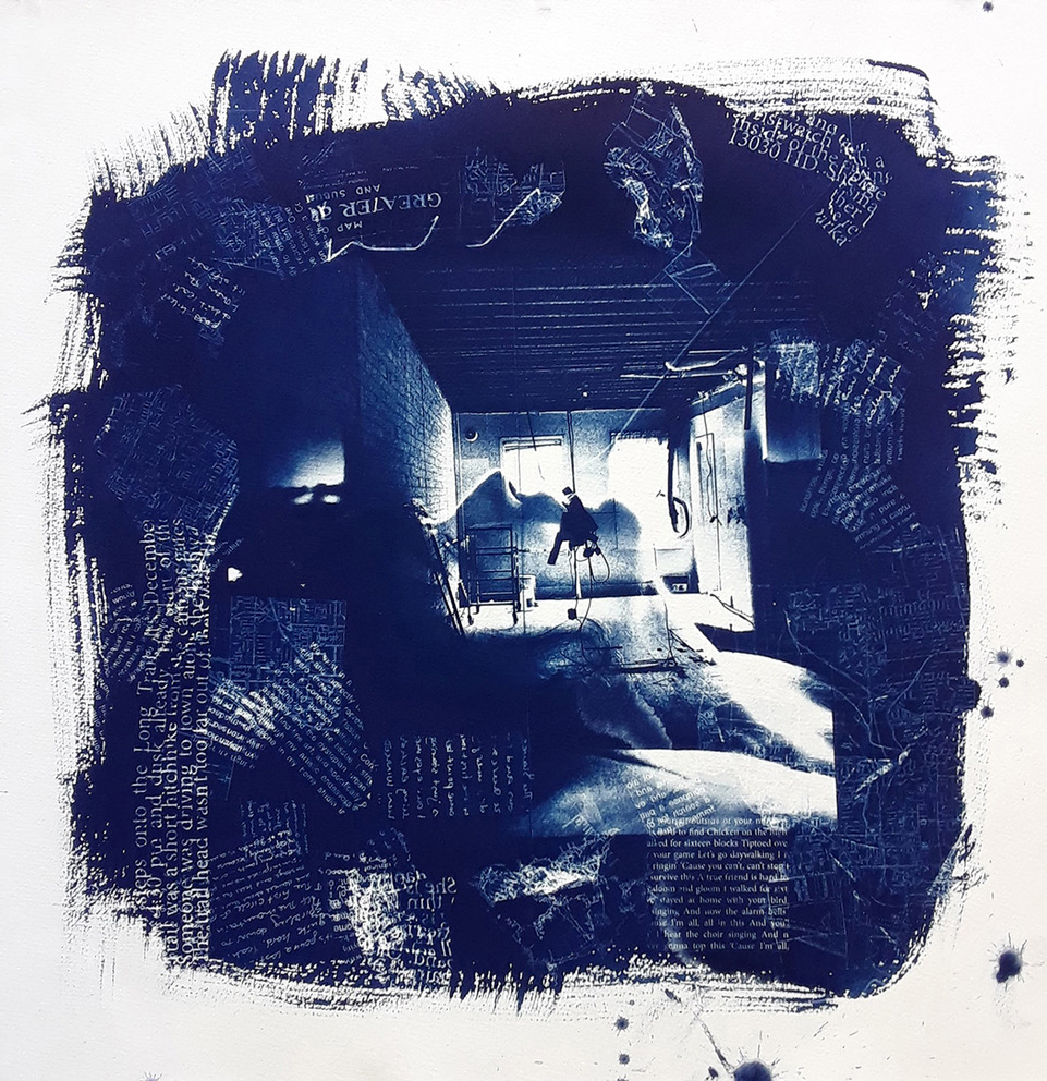 A white background with dark, deep blue brushstrokes in a rough square. At the centre of the image are some lighter areas, where a window, floor and walls can be roughly made out. Tiny text is written in white over the blue.