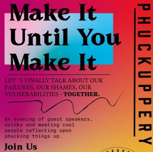 Event flyer for Make It Until You Make It, in shades of pink and orange, with a blue and pink rectangle to accent the black bold title.