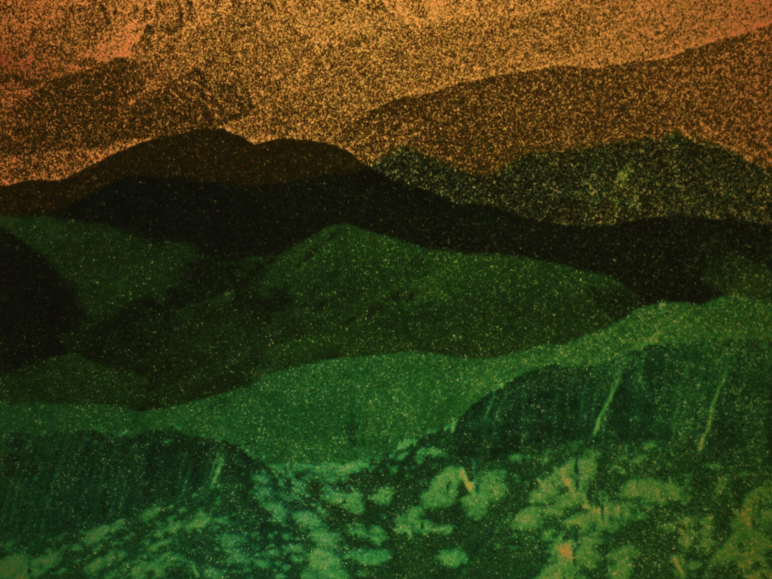 A landscape in shades of green, brown and orange. Layers of hills recede, becoming darker in colour until the orange sky is reached. The image is textured and grainy.