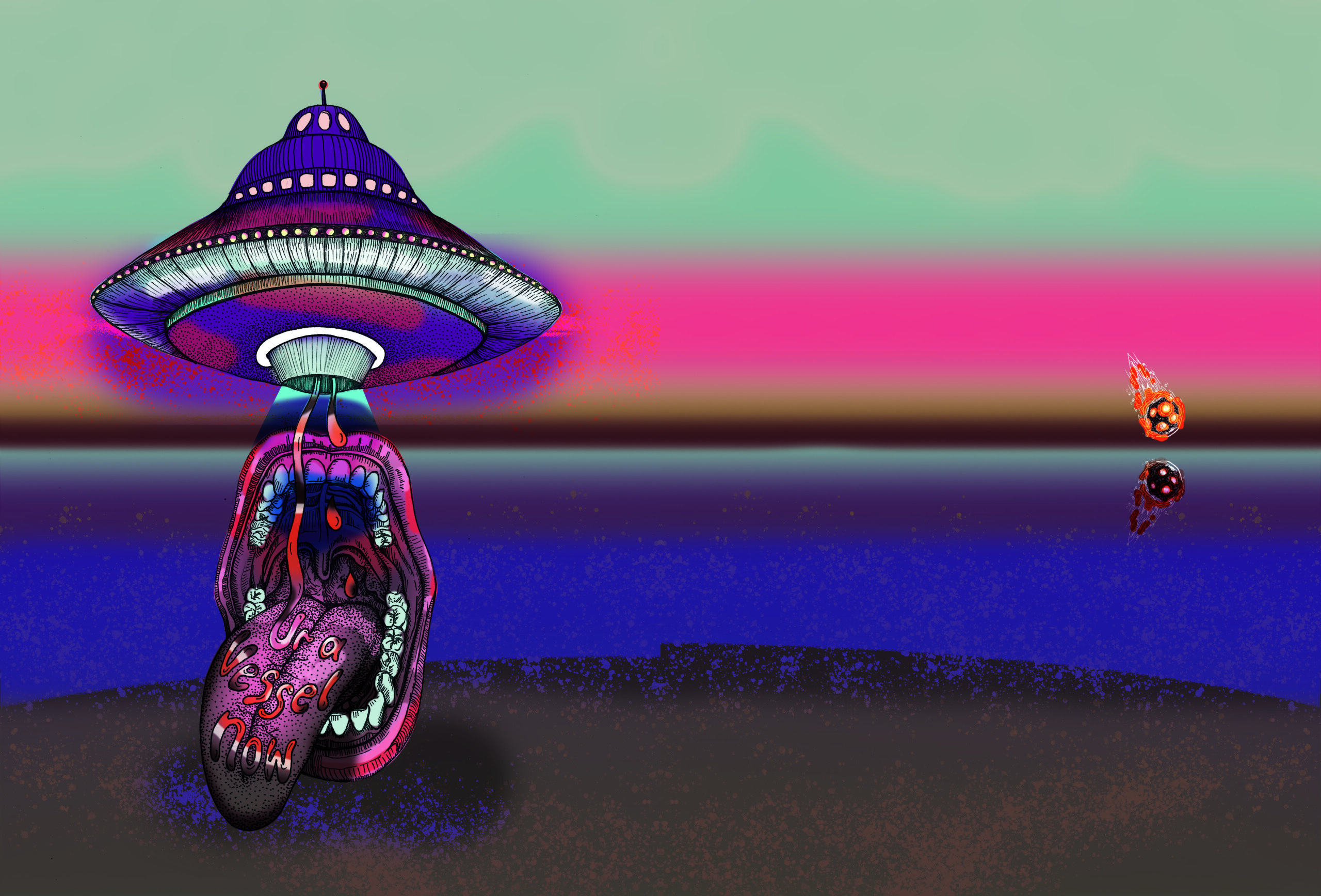 A surreal illustration of a spaceship hovering in a neon landscapewith an open mouth and tongue dangling below it.