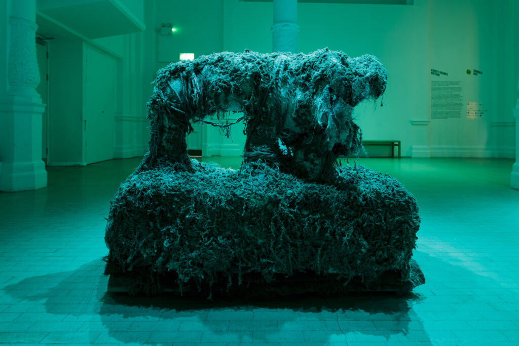 A sculpture resembling an underwater wreckage sits in the centre of a green-lit gallery space.
