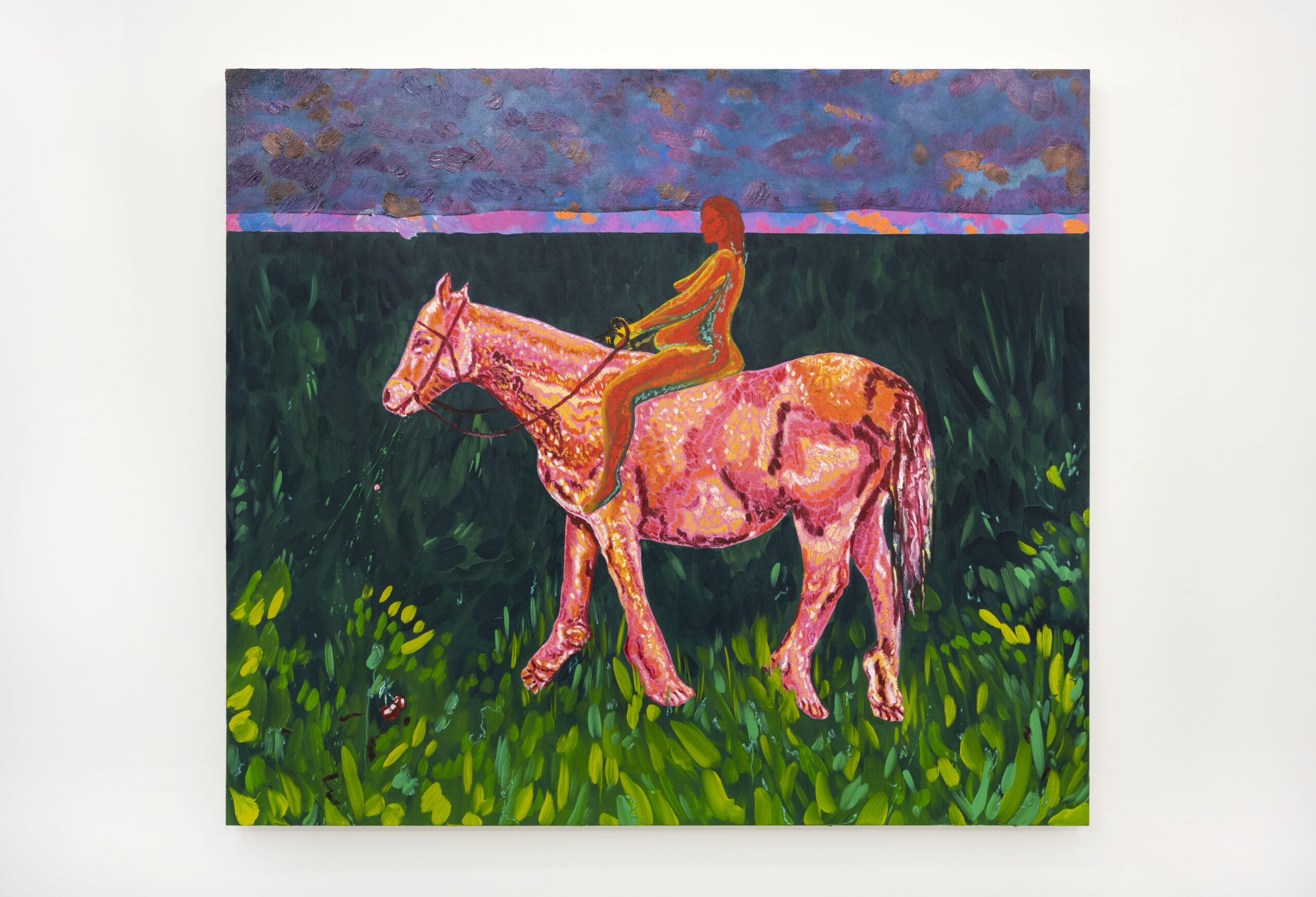The orange figure of a womxn sits atop a pink horse that has human feet. The pair are moving through a green landscape, with two cherries visible in the left foreground on the floor.