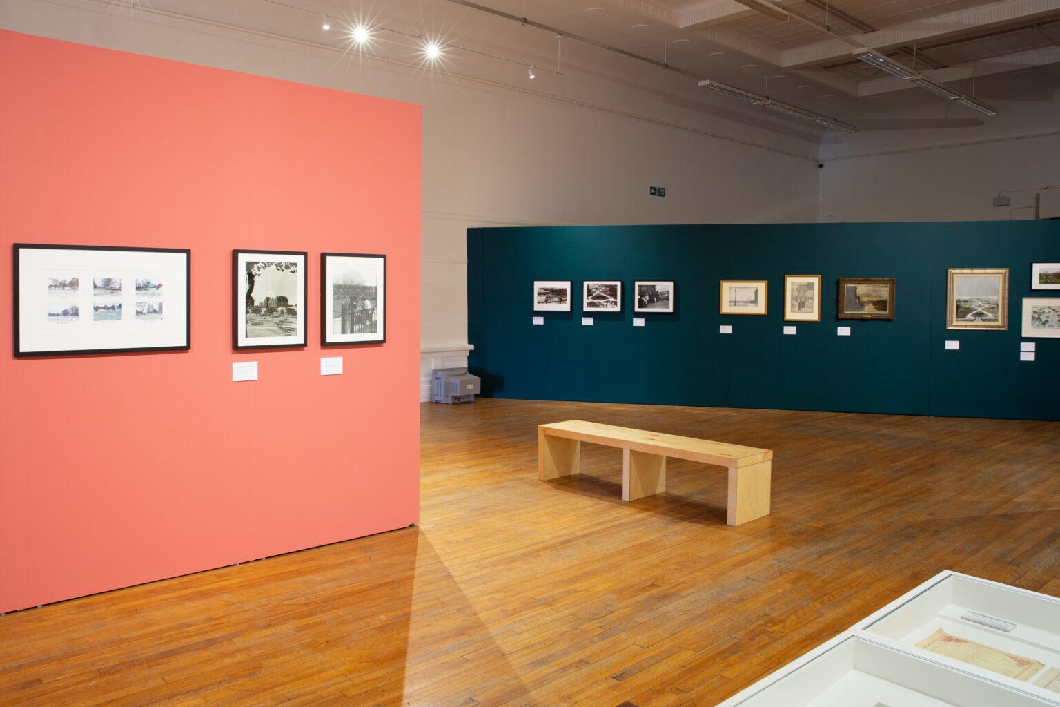 An installation image of the exhibition; it shows two walls painted pink and green with pictures hung in straight lines.