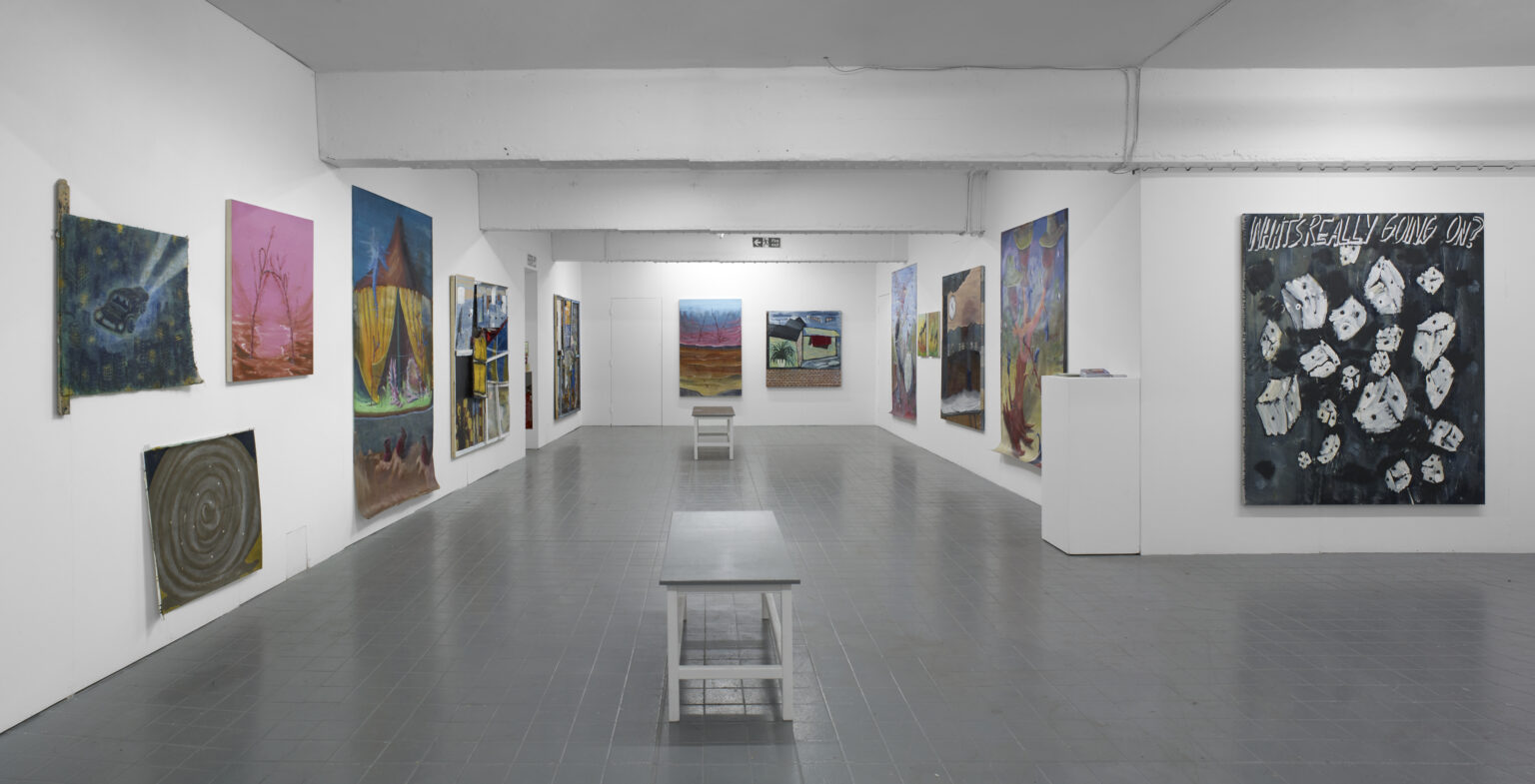 A white cube gallery space is filled with a collection of brightly coloured paintings of different sizes on canvas an paper.