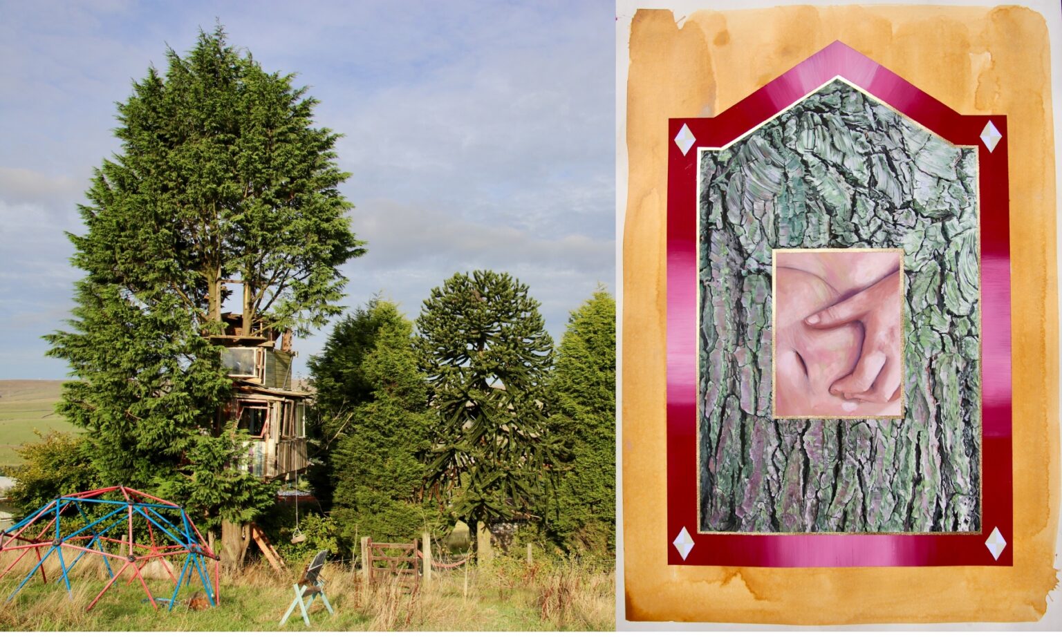 A composite image showing a painting by Lucy Wright on the right and a photograph of Analogue Farm on the left.