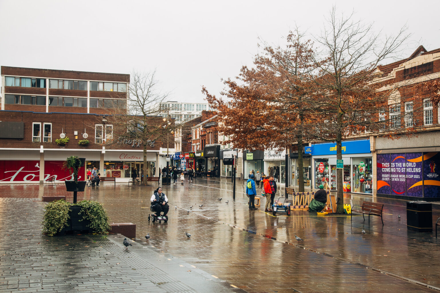 A photograph of St Helens town centre on a rainy day in autumn