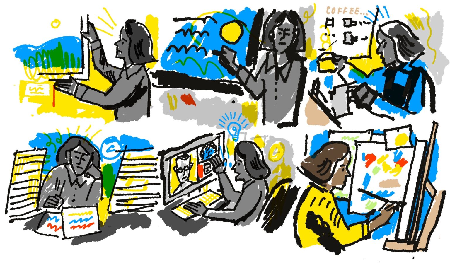 Illustration by Millie Chesters showing a figure completing a series of different tasks in six panels