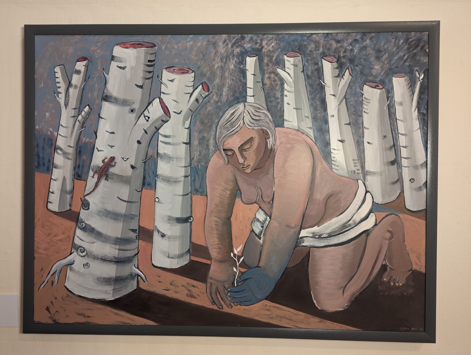 A painting of woman planting a small white sapling in the red earth