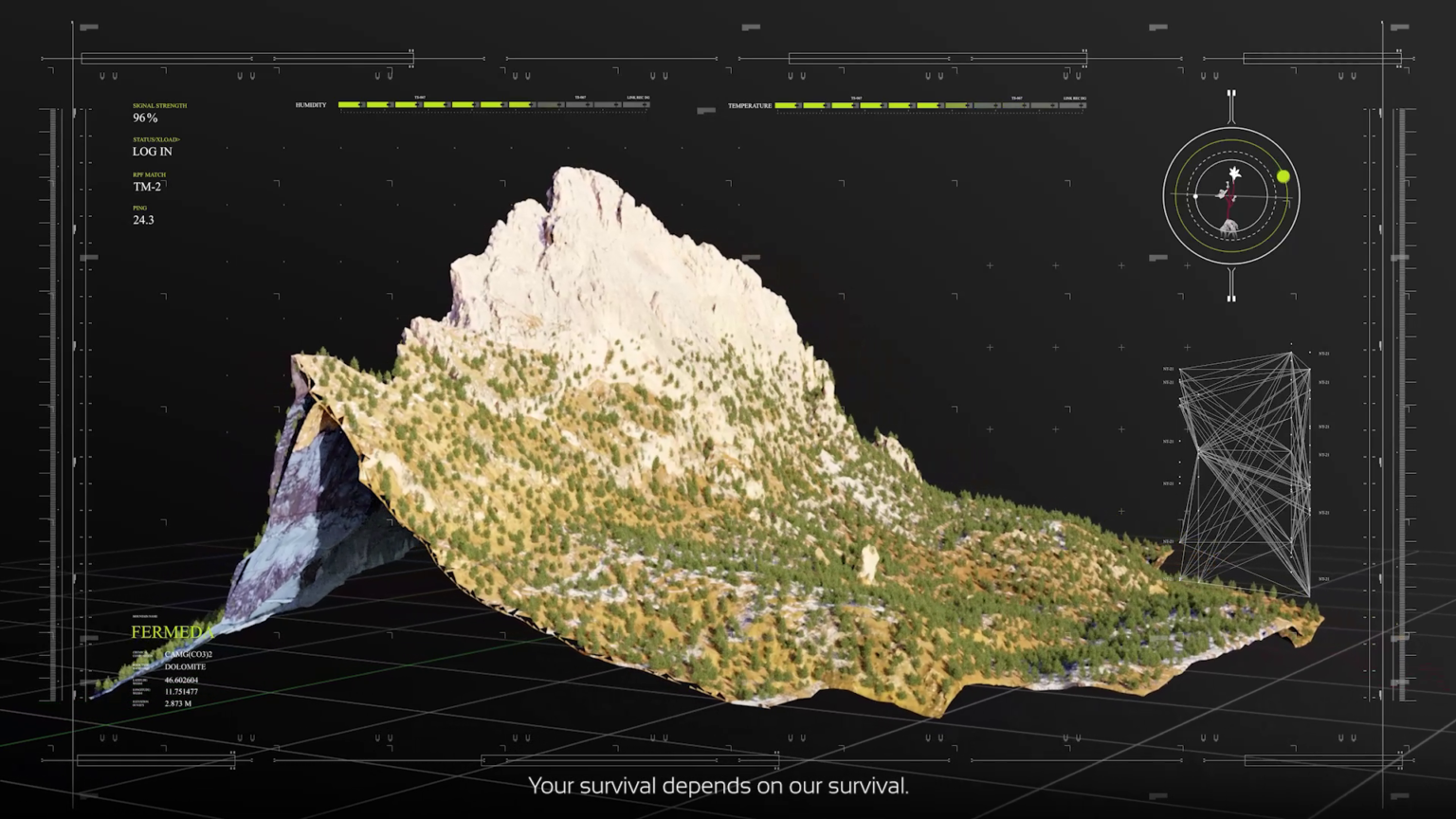 A still from a CGI video essay. The background is black with small white lines marking out space, and navigation tools at the side of the screen. A 3D model of a mountain is in the centre, with green plants growing among white and grey rock.