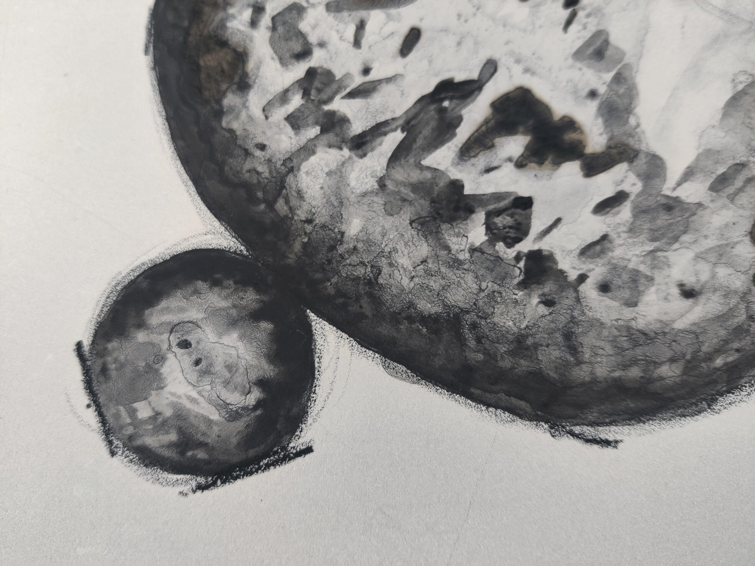 A charcoal drawing of a large shaded circle next to a small one