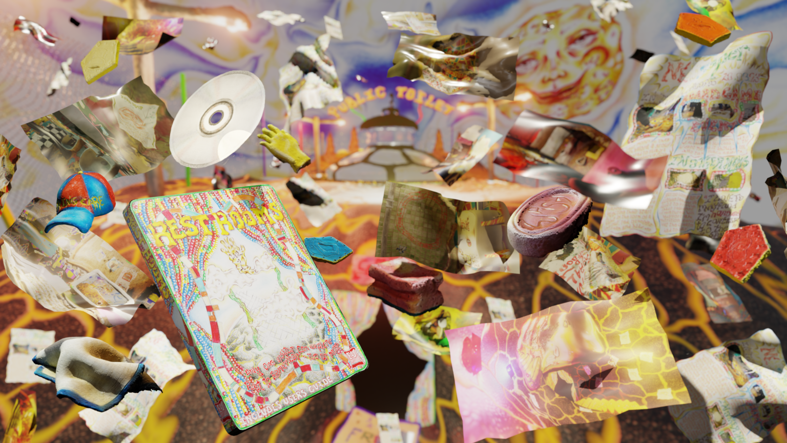 A bright multicoloured digital collage with objects flying out from the centre including a CD, pieces of paper, a small glove and a bar of soap.