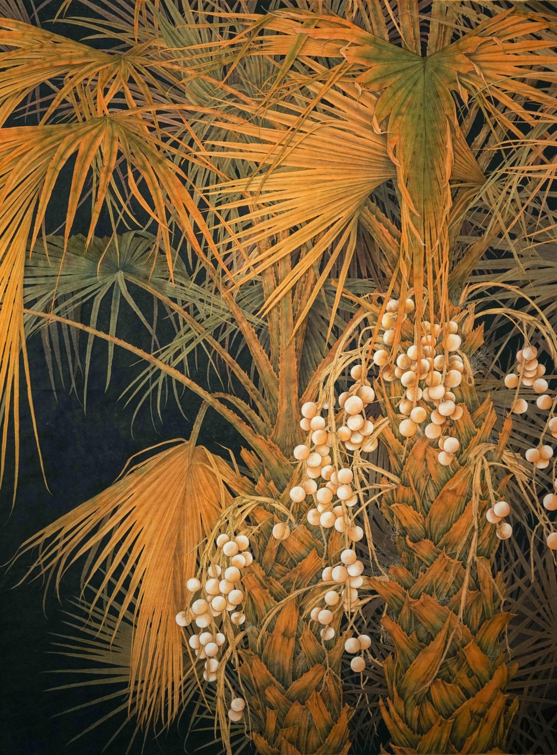 An ink painting of palm trees. The leaves and flowers are painted in high detail using contrasting colours and shades. The leaves are mostly golden yellow, fading to green receding into a blackish background. Around the trunk of the palm closest to us are small round, white flowers that stand out.