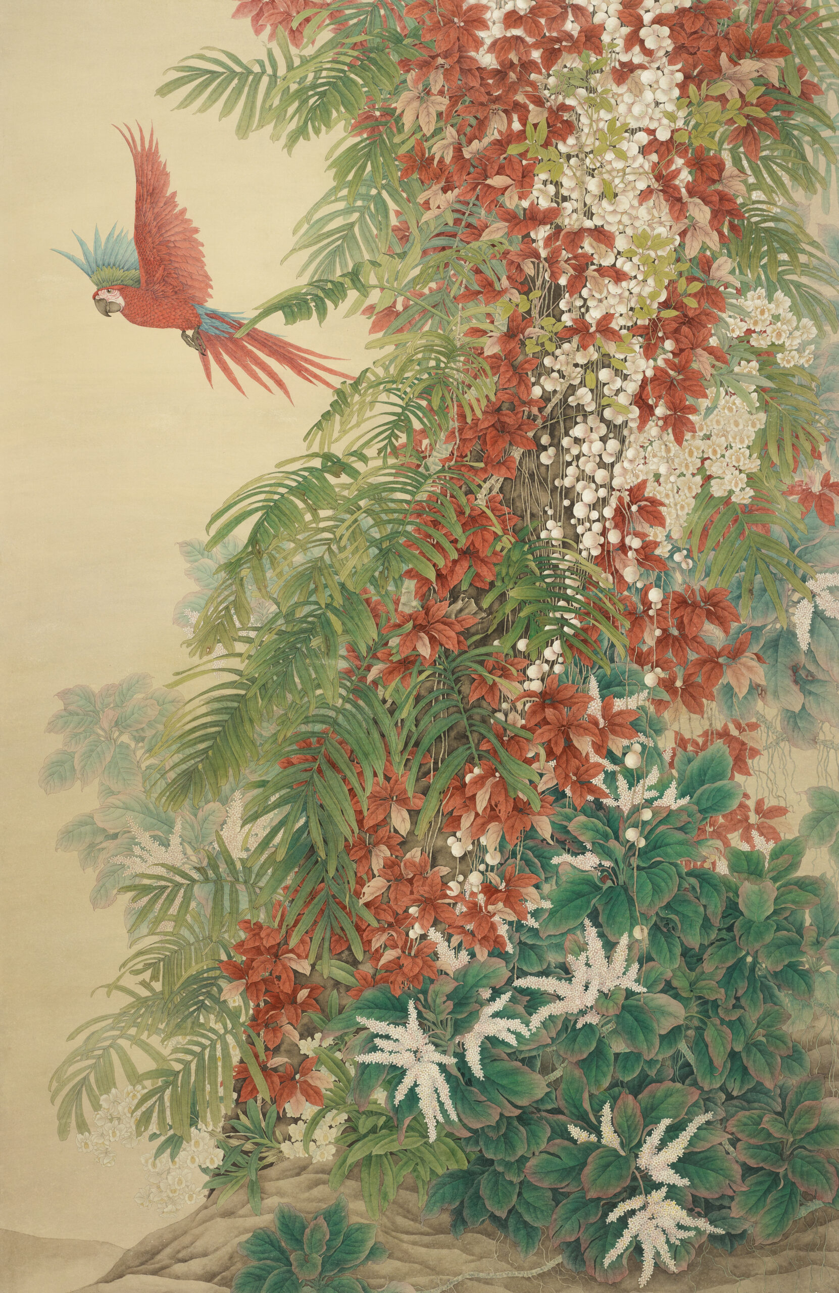 A traditional Chinese ink painting of a garden. Most of the composition is taken up with leaves and red, orange and white blossoms cascading down the page. In the top left corner a red and blue parrot takes flight from the overgrowth.