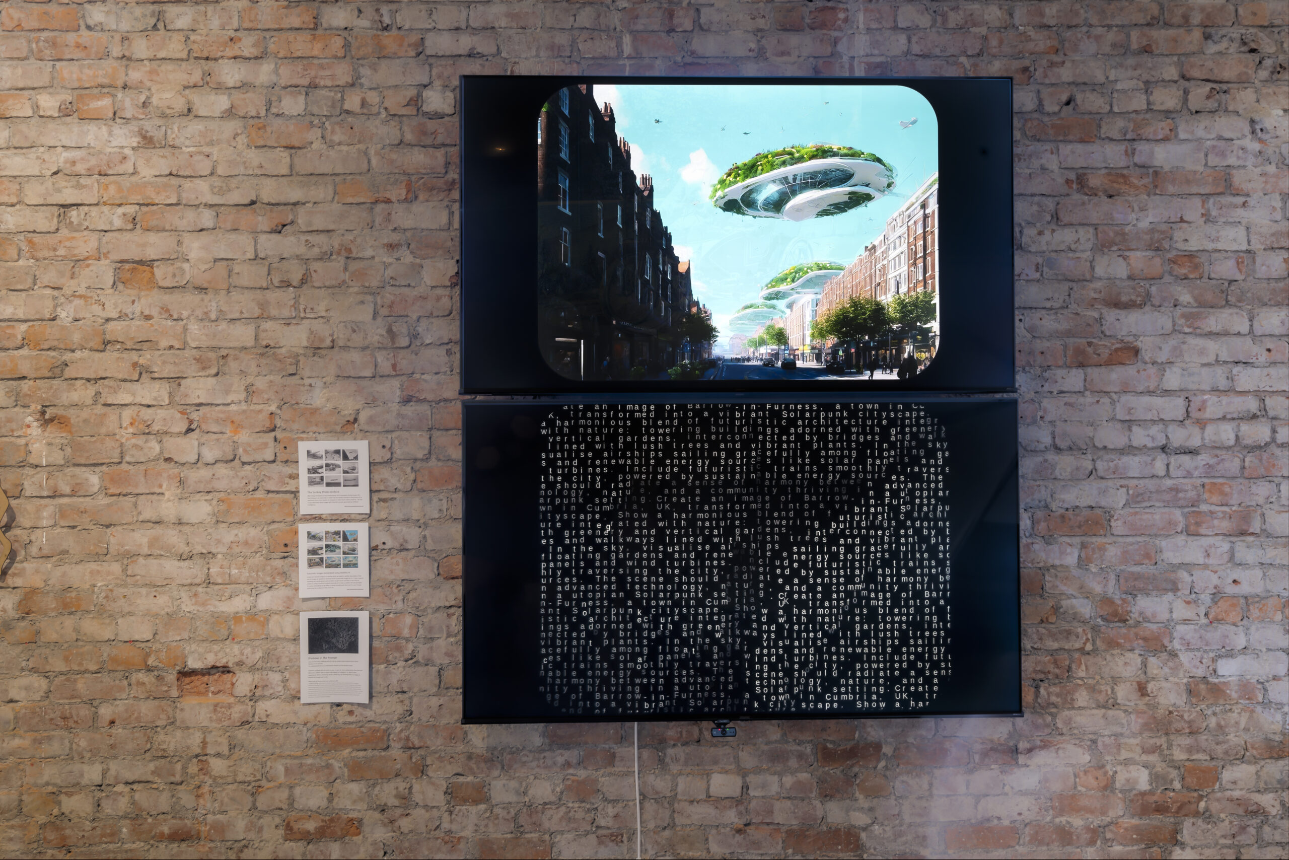 A red brick wall with two large screens showing letters like a word search and a futuristic scene of a street with a floating spaceship of gardens above.