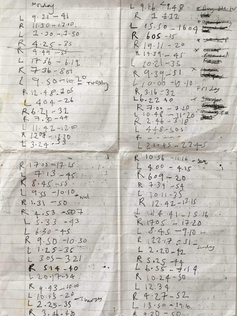 An A4 lined sheet of paper folded in quarters and filled with two columns of numbers, alternating Left and Right breasts for feeding duration times.