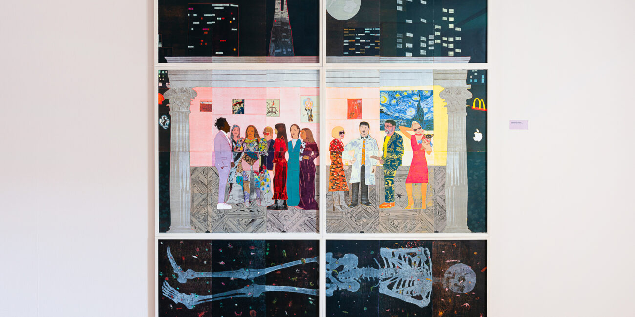 A large painting in six panels hung on a white gallery wall. On the left and right central panels are a number of painted figures milling around at a party or preview with art works on the wall behind them. The top two panels show a night city scape. The bottom two show a skeleton as if it were buried below the party.