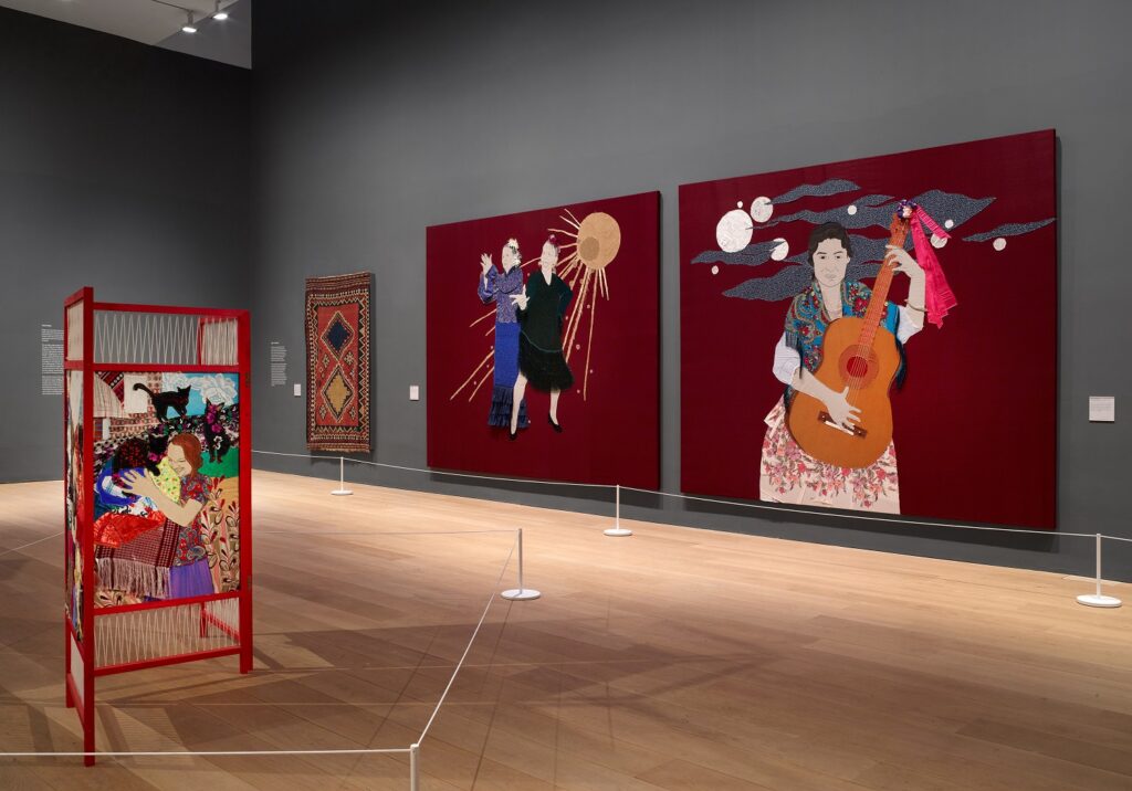 two images of flamenco dancers and musicians in deep reds and golds