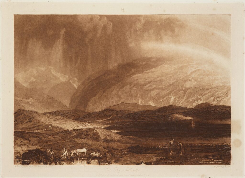 A dark brown print of hills and sky