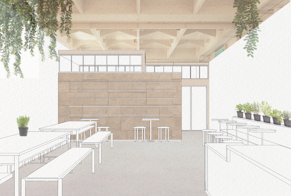 An architects drawing by 'Intervention Architecture' proposing how the cafe at Junction Works will look