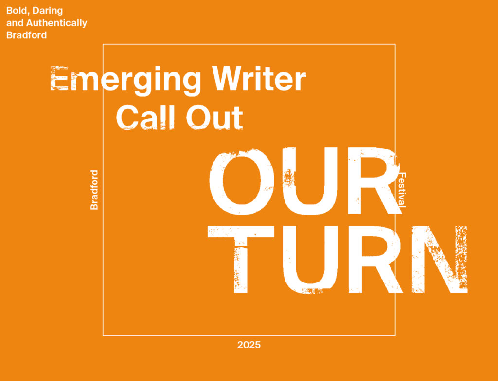 An orange banner advertising an emerging writer call out in collaboration with OUR TURN Festival