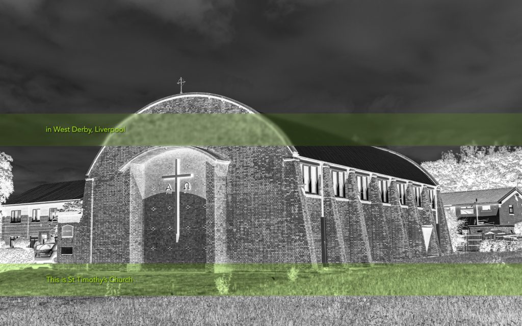 A black and white negative image of a modernist church building.