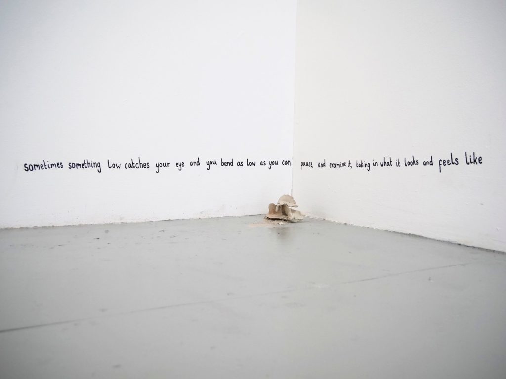The corner of a white walled gallery where the grey floor meets the wall, a small cream coloured object in the corner on the floor. Above, hand written on the wall in black the words 'somethimes something low catches your eye and you bend as low as you can pause and examine it, taking in what it looks and feels like.'